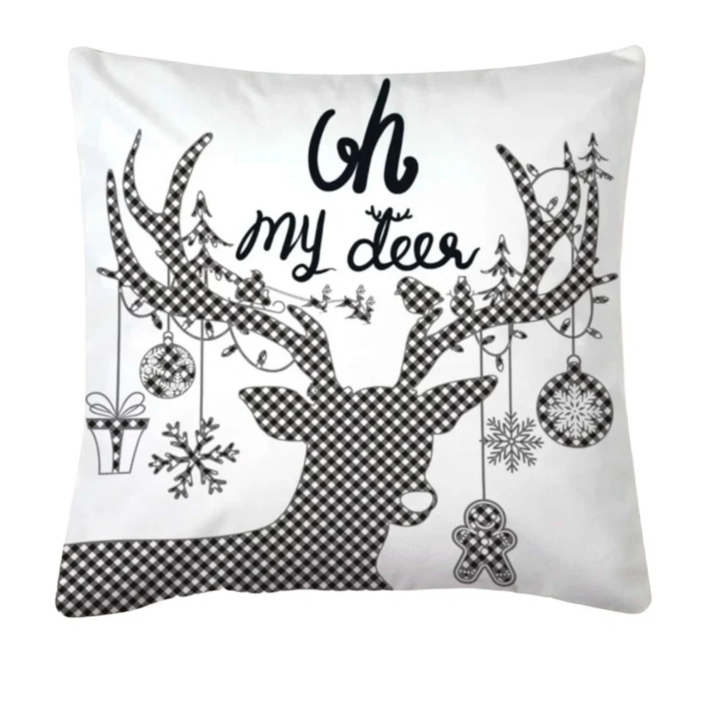 Pillow Cover Deer Christmas Zip Up Farmhouse White Black Plaid Large 17.7 in